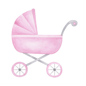 recommend clip art: Baby girl stroller watercolor illustration. Cute hand drawn baby shower design element. Isolated clipart element on white background.
