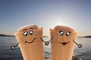 ice cream cartoon men. couple ice cream on the sky and water background    