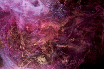 Multicolor pink smoke on black ink background, colorful fog, abstract swirling touch ocean sea, acrylic paint pigment underwater
