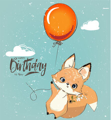 cute fox fly with flower on balloon