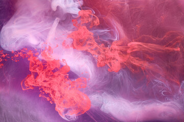 Lilac smoke on black ink background, colorful pink fog, abstract swirling touch ocean sea, azure acrylic pigment paint underwater