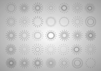 Sunburst set. Vintage sunrise collection.  Vector light rays elements. Firework explosion, stars, emblem, logo, tag. Vector Illustration 