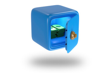 Blue safe with money and dollars. Icons of safe for bank. Vault with lock. Protection, security concept. 3D render
