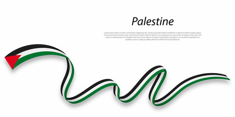 Waving ribbon or banner with flag of Palestine.