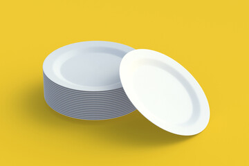 Stack of round plates on yellow background. 3d render