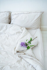 Bed with beautiful white crumpled linenlinens in a white bedroom and Lilac flowers. Working office work remotely from home on bed. Distance learning online education and work.