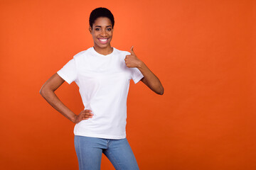 Photo of androgyne lady make good fine sign wear stylish trendy unisex t-shirt isolated vivid color...