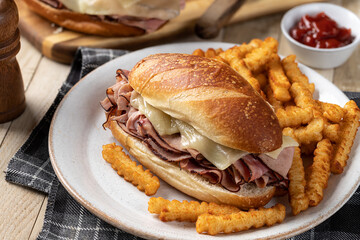 Hot ham and cheese submarine sandwich