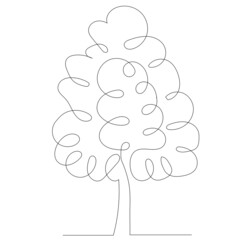 tree drawing in one continuous line, isolated, vector