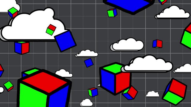 Cubes cartoon 3d RGB color flying with linear doodle black outline animation rotation. Sky and clouds gray grid one minute 30 fps version. Seamless loop motion design background.