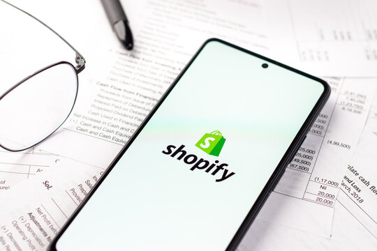 West Bangal, India - April 20, 2022 : Shopify on phone screen stock image.
