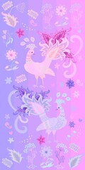 Beautiful romantic vertical towel print with two peacocks, flowers, leaves, paisley and hearts on a striped lilac-pink background in vector. Vintage style. Russian, Indian motifs.