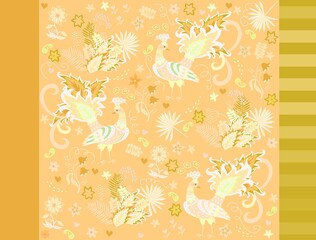 Three matching fabrics: a seamless pattern with fabulous peacocks and flowers on a yellow background, plain dyed fabric, and striped fabric. Vector illustration.