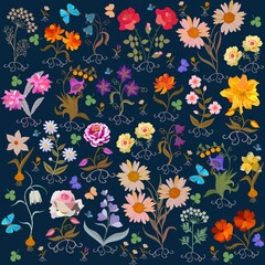 Fototapeta na wymiar Dark blue background with bright garden flowers, berries, roots, clover leaves, fluttering blue butterflies in vector. Seamless floral ornament. Fashion print for fabric for dress in vintage style.