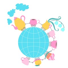 A funny train in the form of a teapot and a train of tea and coffee cups, a saucer with a cake, plates with an apple, a vase with flowers goes around the globe isolated on a white background in vector
