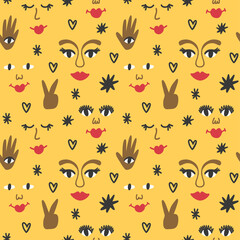 Retro seamless pattern with girls' faces, stars and hearts