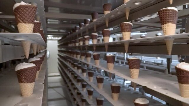 ice cream production, transportation waffle-cone with plombir ice cream on conveyor, production line, dairy products.