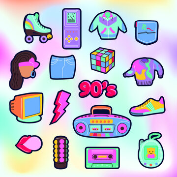 90s fashion icons with lips, sneakers, tape recorder, toys, computer trem, etc. Vector illustration isolated on color background.

