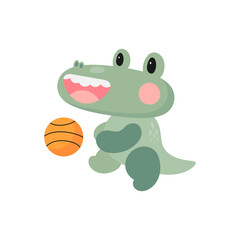 Crocodile with ball. Cartoon style. Vector illustration. For card, posters, banners, children books, printing on the pack, printing on clothes, fabric, wallpaper, textile or dishes.