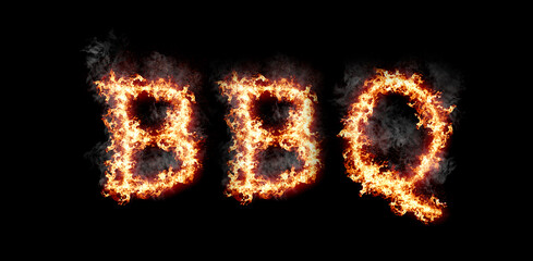 Word BBQ burning with fire and smoke, digital art isolated on black background