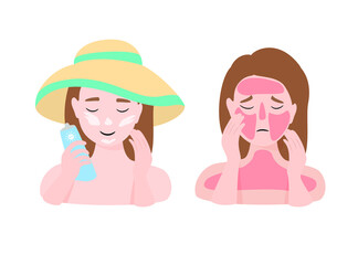 Woman with sunburn problem and woman in hat smears sunscreen on her skin. The concept of beauty and health. Vector illustration isolated on white background.