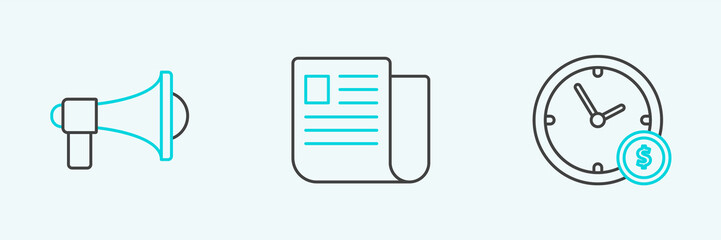 Set line Time is money, Megaphone and File document icon. Vector