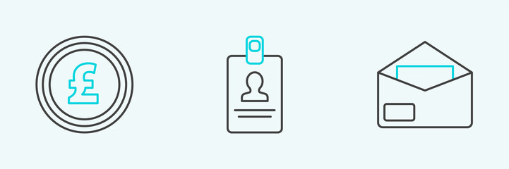 Set line Envelope, Coin money with pound sterling symbol and Identification badge icon. Vector