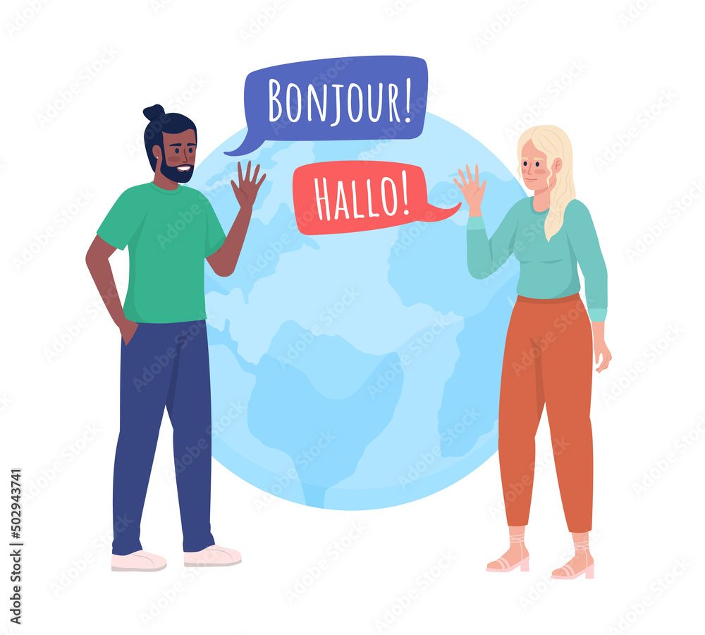 Aufkleber learning language with friend 2d vector isolated illustration. language learners flat characters on 