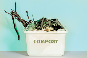 Kitchen composting bin. Peeled vegetables in white compost bin on multi colored background. Trash...