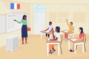 French language lesson flat color vector illustration. Foreign language course. Teacher and middle school students 2D simple cartoon characters with classroom on background. Patrick Hand font used