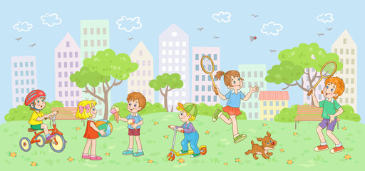 Happy children play and walk in the summer city park. In cartoon style. Isolated on white background. Vector illustration.