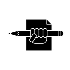 Hand holding a pencil. Logo and icon design. Isolated vector illustration on white background.