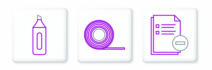 Set line Document with minus, Marker pen and Scotch icon. Vector