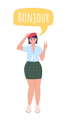 Lady speaking french language semi flat color vector character with speech bubble. Standing figure. Full body person on white. Simple cartoon style illustration for web graphic design and animation