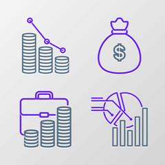 Set line Pie chart infographic, Briefcase and coin, Money bag and icon. Vector