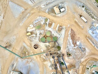 top down drone shot of quarry equipment