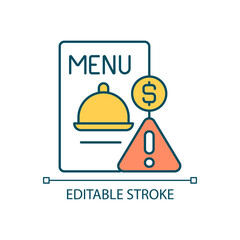 Fototapeta premium Menu prices RGB color icon. Paying for restaurant bill. List of dishes in cafe. Caution sign. Isolated vector illustration. Simple filled line drawing. Editable stroke. Arial font used