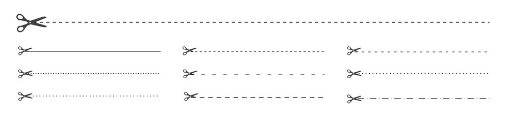 Cut lines set. Collection of interface elements, special dotted lines and contours for easy paper cutting. Scissors, trim line. Cartoon flat vector illustrations isolated on white background