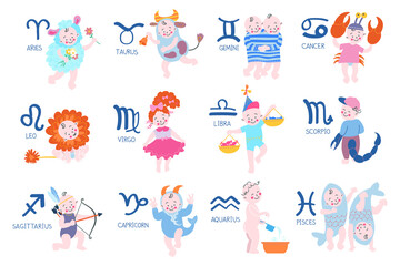 Set of zodiac signs, horoscope symbols.Cute kids as aries, taurus, gemini,cancer, leo, virgo, libra, scorpio, sagittarius, capricorn, aquarius, pisces. Vector illustration isolated on white background