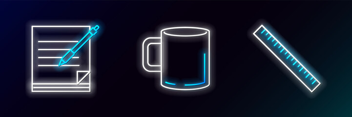 Set line Ruler, Blank notebook and pen and Coffee cup flat icon. Glowing neon. Vector