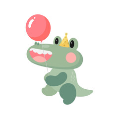 Crocodile with balloon. Cartoon style. Vector illustration. For card, posters, banners, children books, printing on the pack, printing on clothes, fabric, wallpaper, textile or dishes.