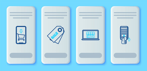 Set line Price tag with an inscription Sale, Shopping building screen laptop, Mobile phone and shopping cart and Pos terminal inserted credit card icon. Vector