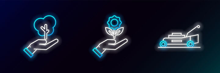 Set line Lawn mower, Tree in hand of environmental protection and Hand holding flower icon. Glowing neon. Vector