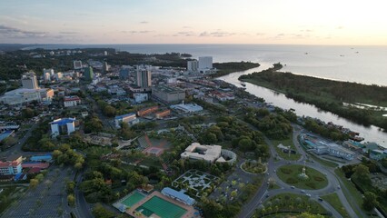Fototapeta premium Miri, Sarawak Malaysia - May 2, 2022: The Landmark and Tourist Attraction areas of the of Miri City, with its famous beaches, rivers, city and scenic surroundings