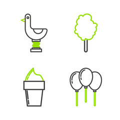Set line Balloons with ribbon, Ice cream in waffle cone, Cotton candy and Riding kid duck icon. Vector