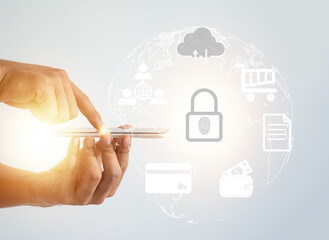 People play and click Padlock icon on network connection, digital background. Cloud computing and network security.