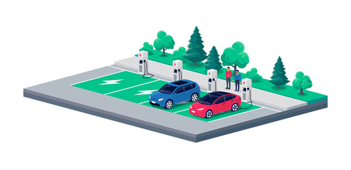 Electric cars perpendicular parking charging on city street road sideway. Parking lot with persons standing talking near vehicle. Charger stations parking lot. Vector illustration on white background. © petovarga