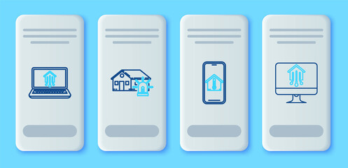 Set line Smart house and alarm, Mobile phone with temperature, Laptop smart home and Computer monitor icon. Vector