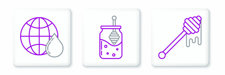 Set line Honey dipper stick with dripping honey, Honeycomb map of the world and Jar and icon. Vector
