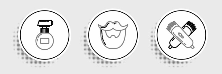 Set line Crossed electrical hair clipper or shaver, Cream lotion cosmetic tube and Mustache and beard icon. Vector